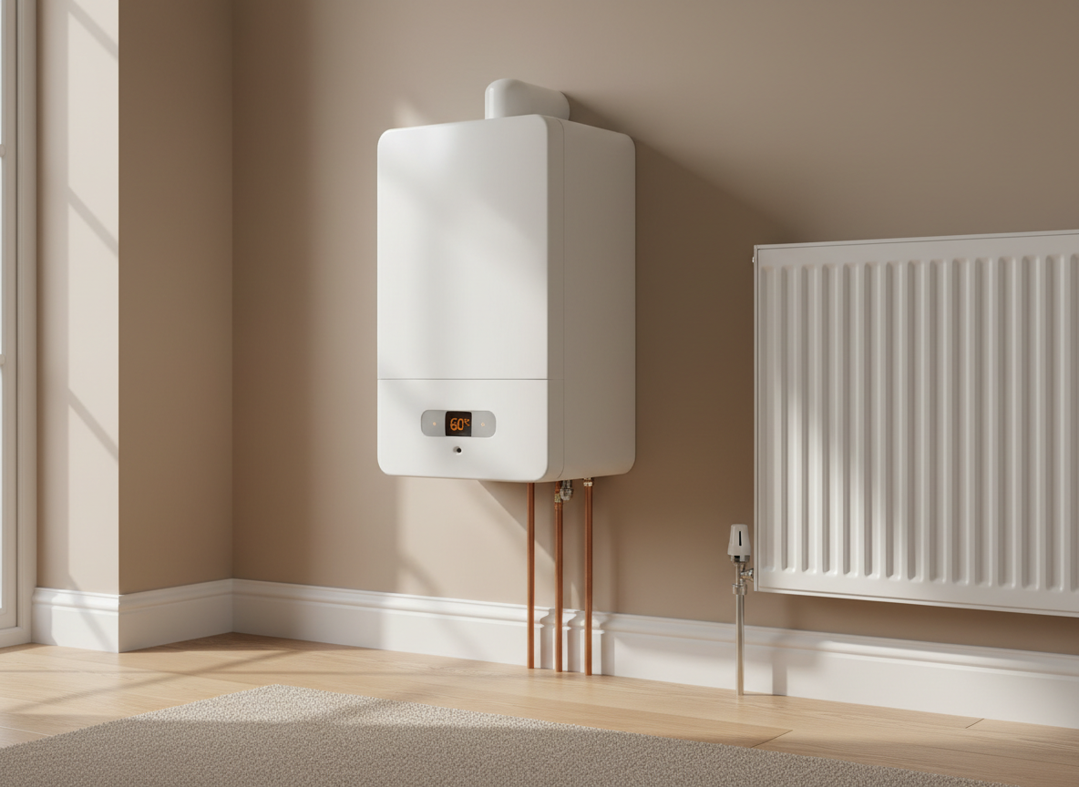 Modern boiler and radiator illustrating a 60 degree flow-temperature setting