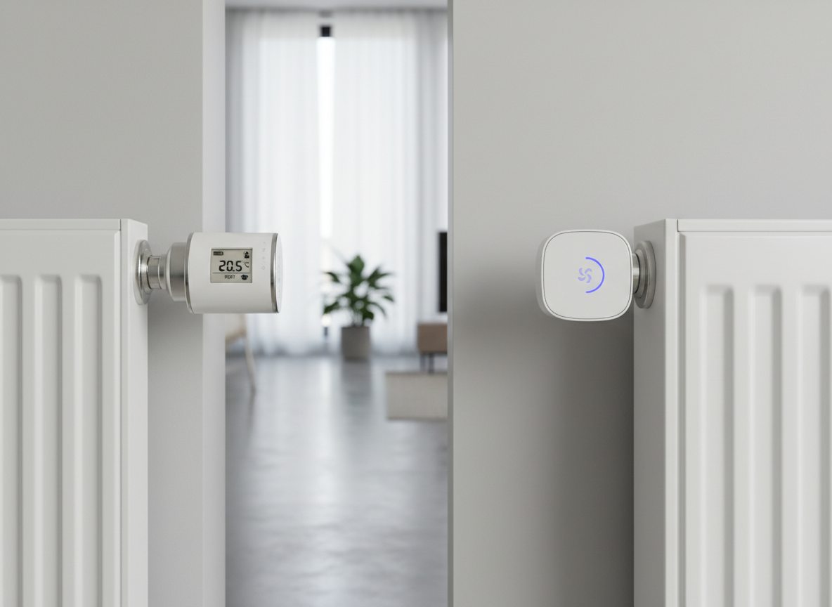 Two smart radiator thermostats shown side by side for comparison