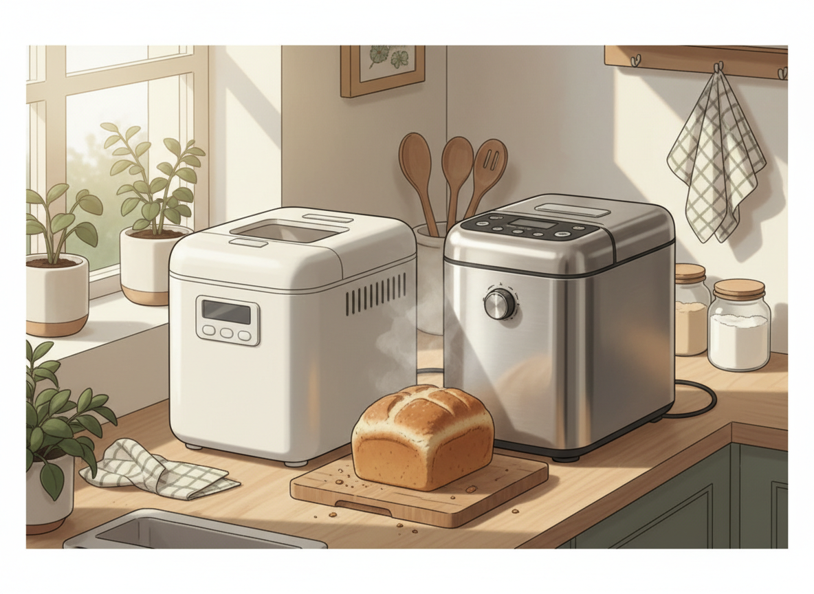 Two generic bread makers side by side on a kitchen worktop for a smart versus normal bread maker comparison