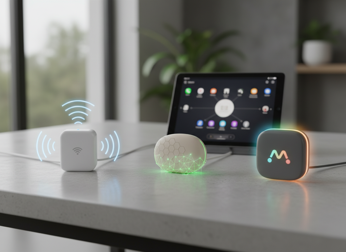 Three smart plugs representing Wi-Fi, Zigbee and Matter smart-home standards