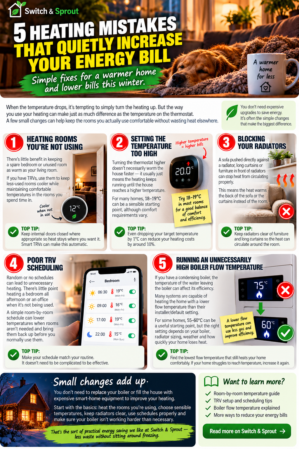 Switch & Sprout infographic showing five common heating mistakes and practical ways to reduce home heating energy use.
