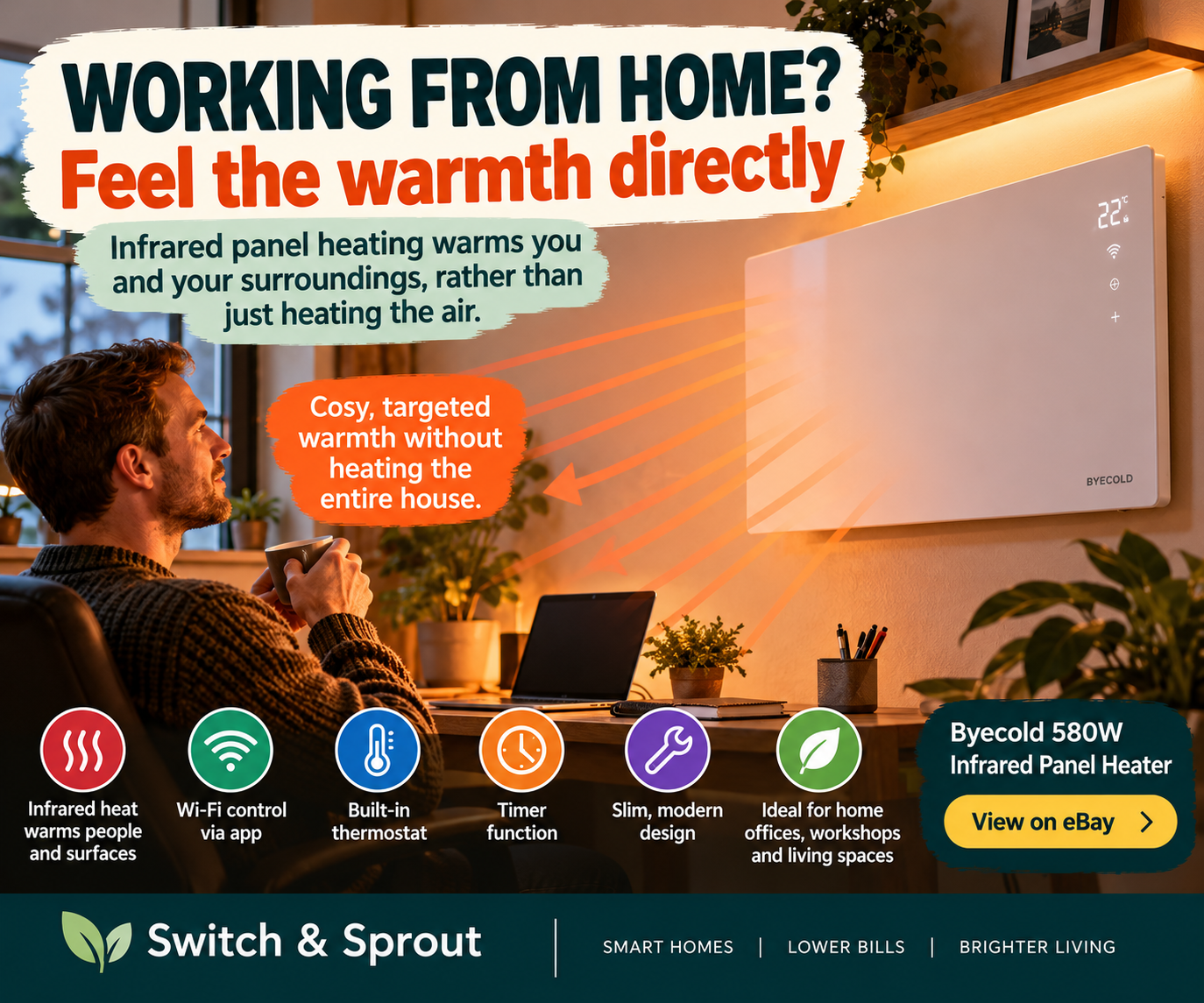 Illustration of wall mounted infrared panel heater radiating warmth towards person at home office desk
